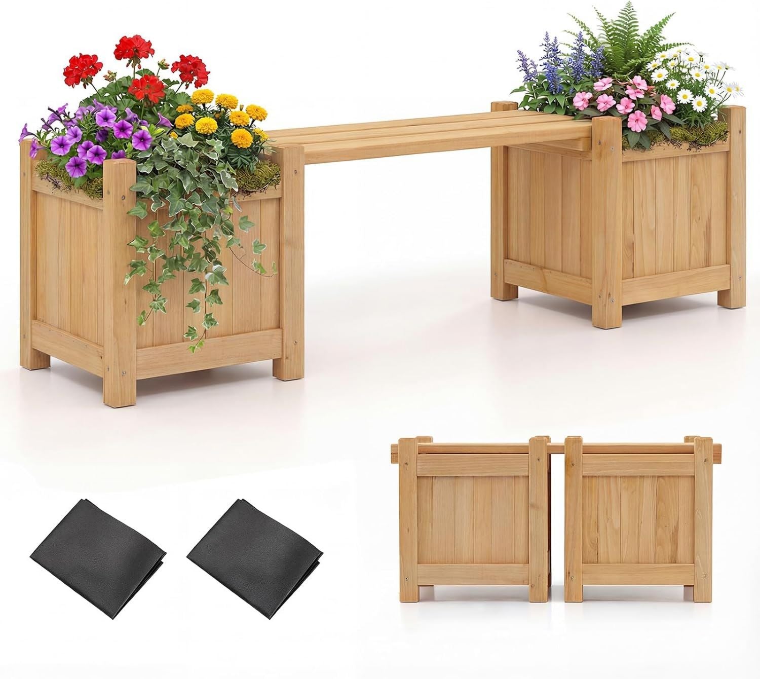 Hochwertige HOMASIS 2 in 1 Blumenkasten ausgestattet mit Gartenbank 2 Sitzer Sitzbank mit 2 Pflanzkaesten 2 Pflanzkuebel mit Bank aus Massivholz Holzbank Gartenmoebel geeignet fuer Hof Terrasse Natur 105x26 5x29 5 cm Variante 518