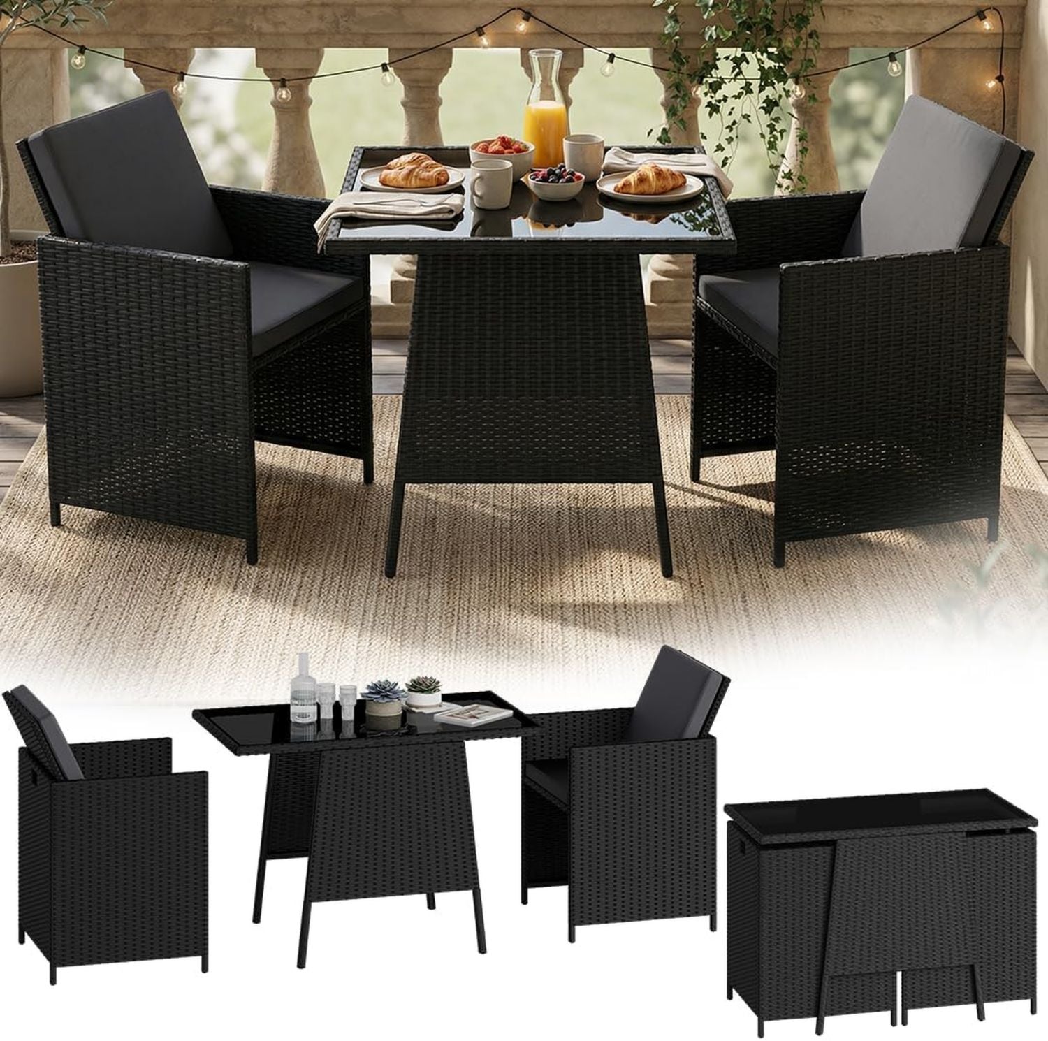 Hochwertige Xenara Essgruppe 3 teilig schwarz anthrazit Balkonmoebel Set platzsparend GartenloungeSet klappbare Stuehle ausgestattet mit Sitzkissen mit Glasplatte Gartengarnitur geeignet fuer 2 Personen Variante 401