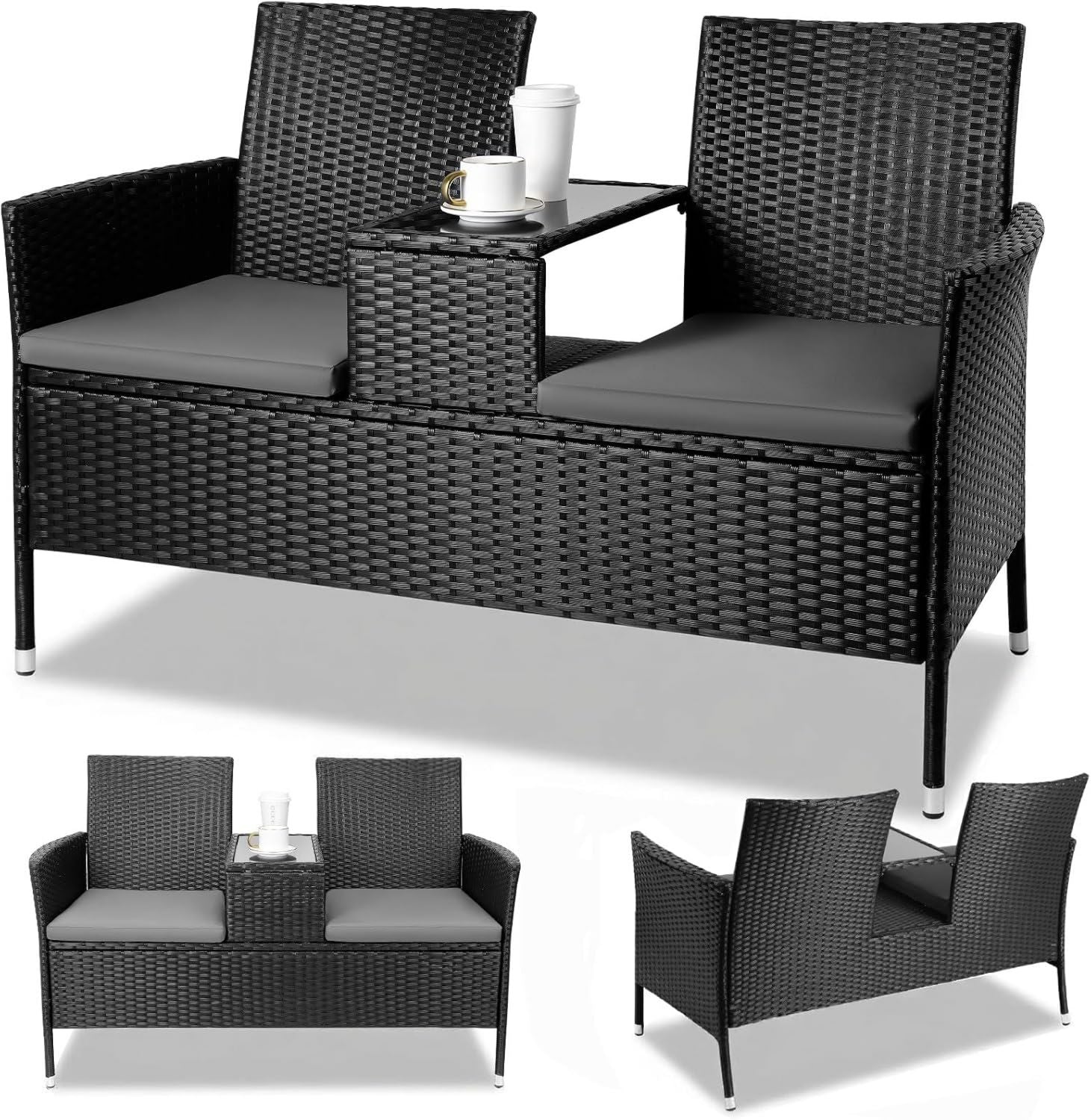 Hochwertige wetterfest Balkonmoebel Set ausgestattet mit Kissen 2 Sitzer Gartenmoebel Set mit 2 Stueck Sitzkissen Balkonmoebel Gross Polyrattan Gartenbank Bequem und Atmungsaktiv 120X54X83cm schwarz Variante 702
