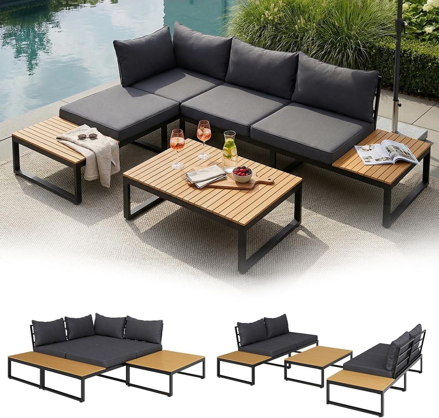 Hochwertige Zandra Gartenlounge modulares Gartenmoebel Set ausgestattet mit Ecksofa wetterresistent Balkonmoebel aus Akazien Holz Stahl mit Kissen in schwarz Loungemoebel geeignet fuer Terasse Balkon Variante 543