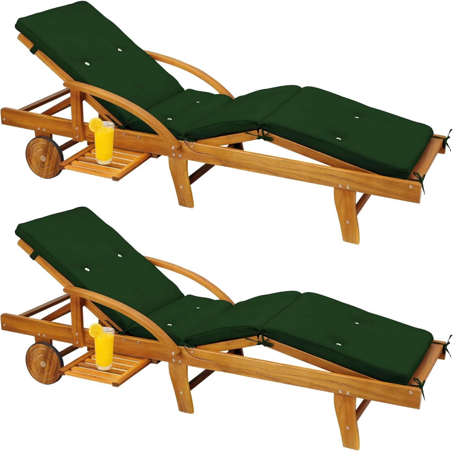 Hochwertige Sonnenliege 2er Set Holz inkl Auflage Gruen 320kg Belastbar 2 Personen einfach zu verstauen Raeder 195x55cm Verstellbar Ablage Akazie Liege Terrasse witterungsbestaendig Variante 475
